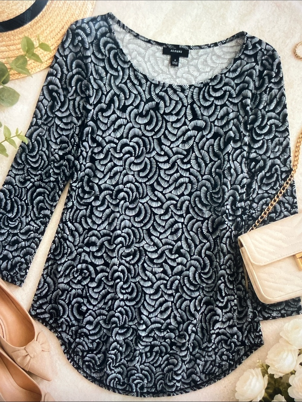 Alfani Black & Silver Swirl-Pattern Long-Sleeve Top